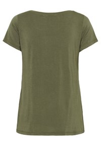 T-shirt verde oliva a maniche corte con scollatura rotonda, texture morbida e vestibilità comoda. Nessun motivo o dettaglio hardware visibile.