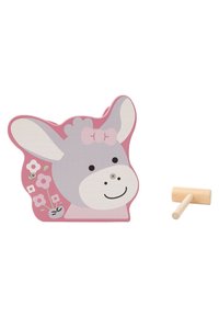 Wooden toy in the shape of a pink donkey's head, featuring a light gray face, flowers, and a wooden mallet. Smooth texture and playful design.