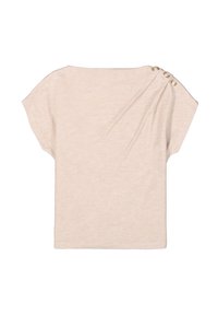 Beige top s volným střihem, krátkými rukávy a jemným nařasením na rameni. Tři ozdobné knoflíky zdobí šev ramene.