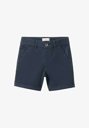 Shorts décontractés bleu marine avec passants pour ceinture, fermeture à bouton sur le devant, deux poches latérales inclinées, et ourlet droit.
