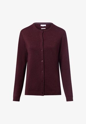 Bordowy kardigan wykonany z miękkiej dzianiny, z okrągłym dekoltem, pełnymi rękawami oraz z przodem zapinanym na guziki w tym samym kolorze.