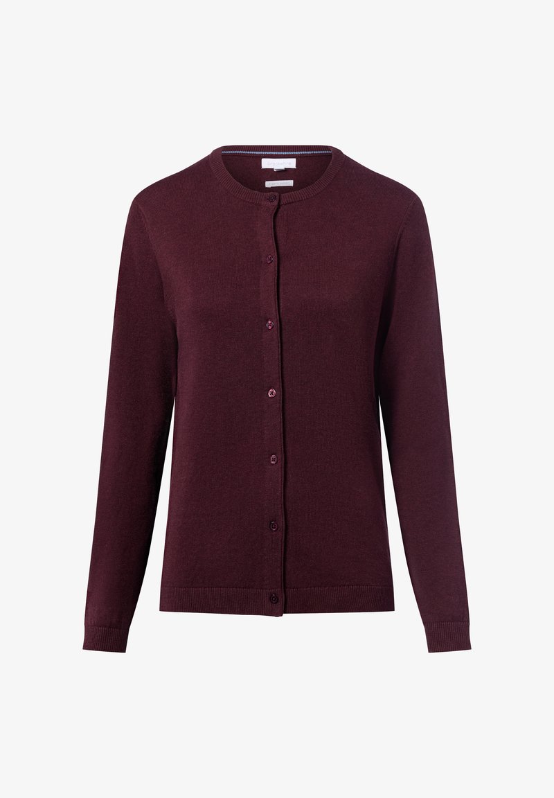 Bordeaux vest gemaakt van zacht breiwerk, met een ronde halslijn, lange mouwen en een knoopsluiting met bijpassende knopen.