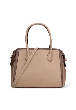 Sac à main en cuir beige avec des accents marron, double poignée supérieure et bandoulière amovible. Présente un design structuré et une fermeture éclair.