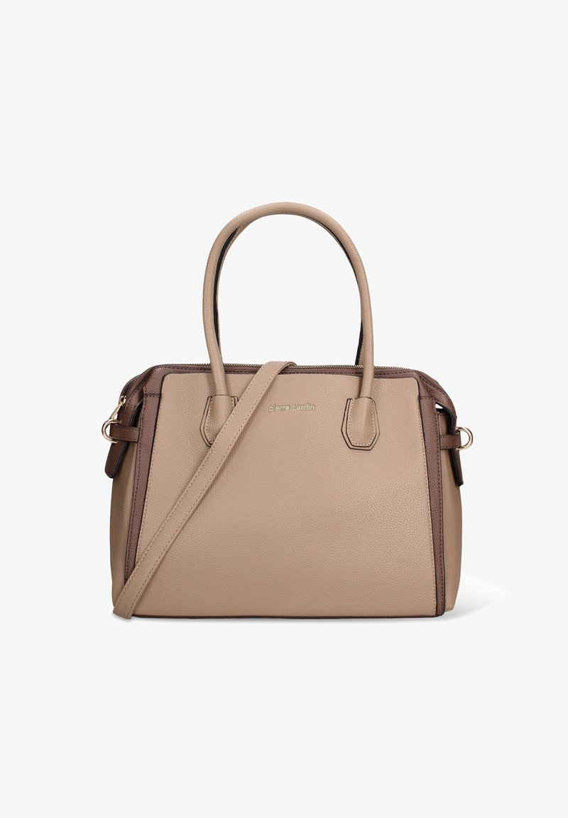 Borsa a mano in pelle beige con dettagli marroni, doppi manici superiori e tracolla removibile. Presenta un design strutturato e chiusura con zip.