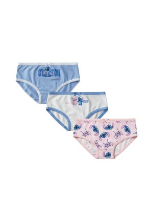 Sous-vêtements pour fillettes en bleu, blanc et rose avec les personnages de dessin animé Stitch et Angel et de petits nœuds décoratifs.