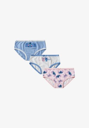 Biancheria intima per ragazze in blu, bianco e rosa con i personaggi dei cartoni animati Stitch e Angel e piccoli fiocchi decorativi.