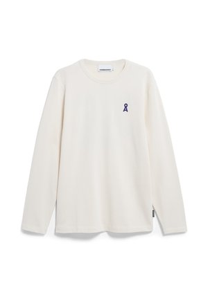 Langärmliges cremefarbenes T-Shirt aus Baumwolle mit einem kleinen dunkelblauen Band-Logo auf der linken Brust. Runder Halsausschnitt und lockerer Schnitt.