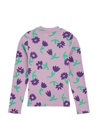 Haut à manches longues en tissu lilas avec une texture côtelée, arborant un motif floral en violet et vert. Encolure ronde et manches ajustées.