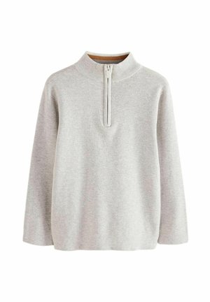 Pull en maille gris clair à manches longues, col montant côtelé et courte fermeture éclair devant.