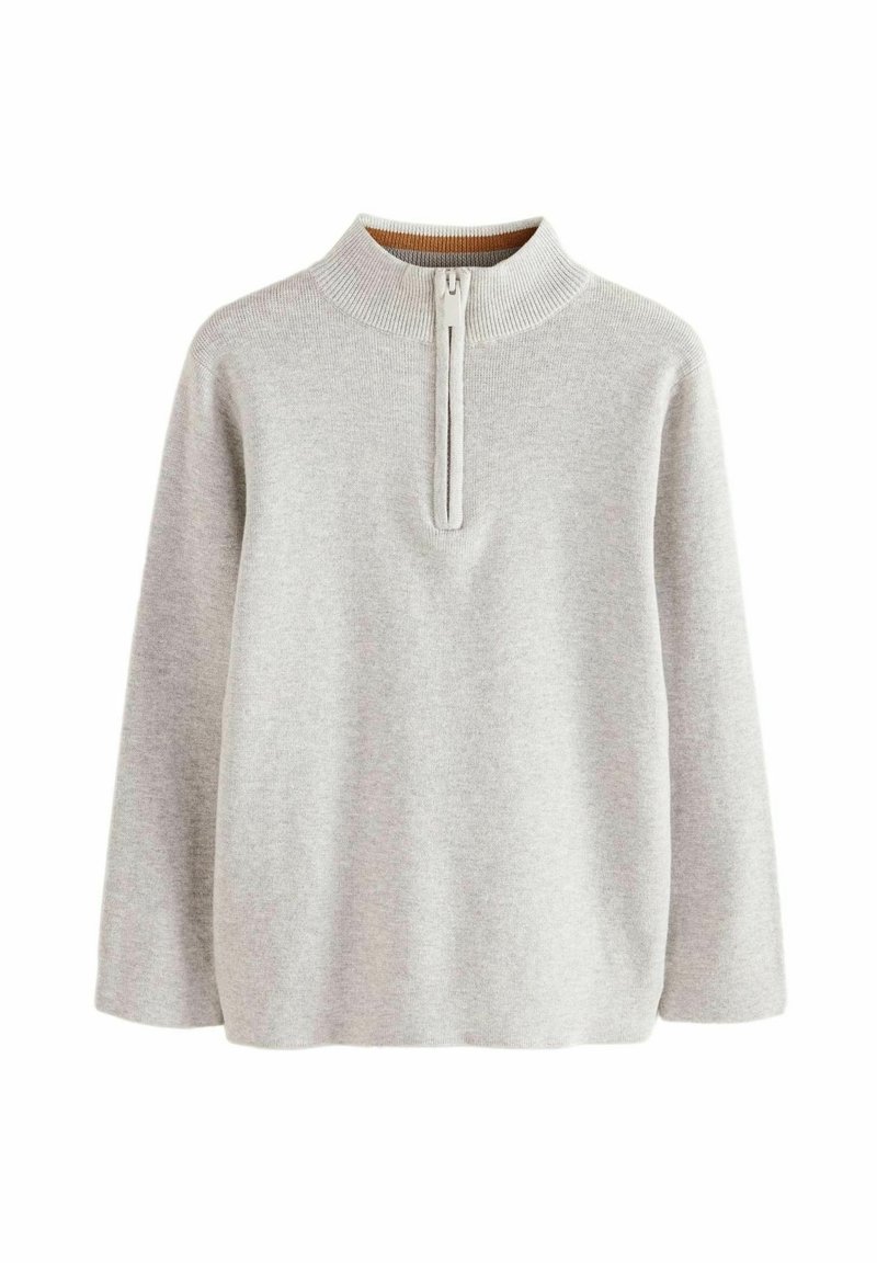 Pull en maille gris clair à manches longues, col montant côtelé et courte fermeture éclair devant.