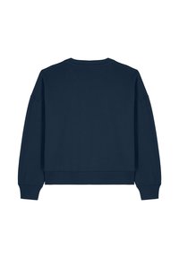Marineblauw cropped sweatshirt met lange mouwen, geribbelde manchetten en zoom. Soepele textuur met een ronde halslijn en gestikte details op de achterkant.