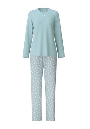 Lichtblauw longsleeve pyjama-top met knopen en bijpassende broek met een herhaald wit hartpatroon. Zacht, katoenmix materiaal.