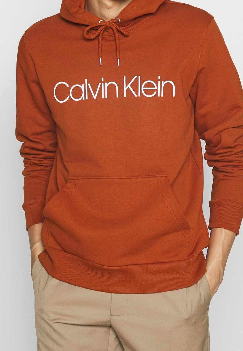 Felpa color ruggine con cappuccio regolabile, tasca frontale e grande logo bianco "Calvin Klein"; realizzata in morbido e spesso tessuto.