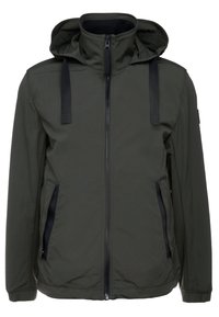 Green lightweight jacket with a zip closure, hood, and two side pockets. Features black hardware and adjustable straps for a secure fit.