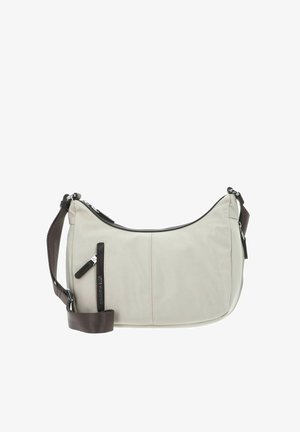 Sac bandoulière beige au design incurvé, avec une sangle marron et des accents de fermeture éclair. Fabriqué en matériau doux, il comporte une poche extérieure zippée.