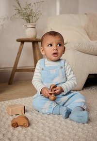 Lichtblauwe overall met dierenpatronen, wit gestreept langemouwen shirt en houten speelgoed. Zachte textuur op een neutrale vloerbedekking.