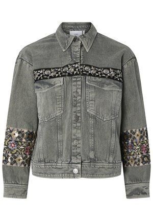 Gray denim jacket with floral embroidered bands across chest and sleeves, button closure, and two front flap pockets.