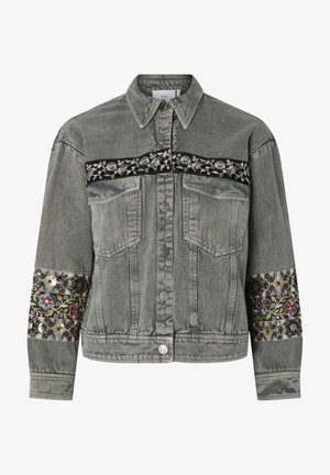 Gray denim jacket with floral embroidered bands across chest and sleeves, button closure, and two front flap pockets.