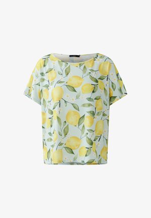 Kurzärmelige hellblaue Bluse mit gelbem Zitronen- und grünem Blattmuster, rundem Ausschnitt, lockerer Passform.