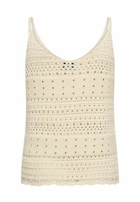 Top in cotone all'uncinetto di colore crema con scollo a giro, motivo a righe con dettagli di apertura e orlo ondulato.
