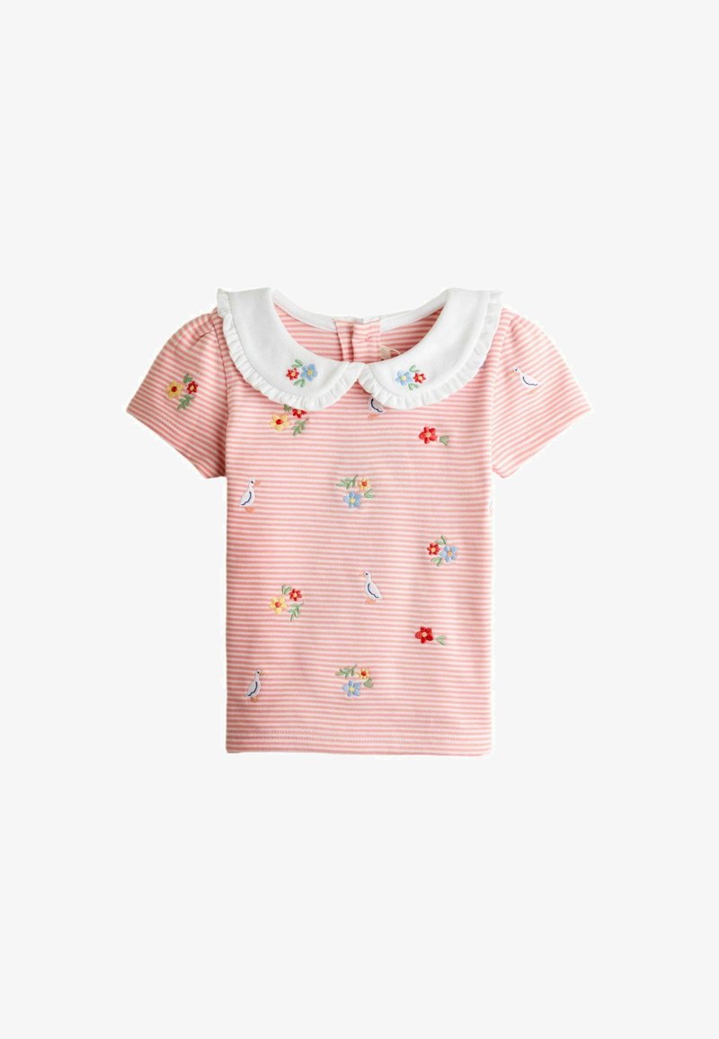 Maglietta a righe rosa e bianche per bambina con maniche corte, colletto bianco alla Peter Pan e fiori e uccelli ricamati.