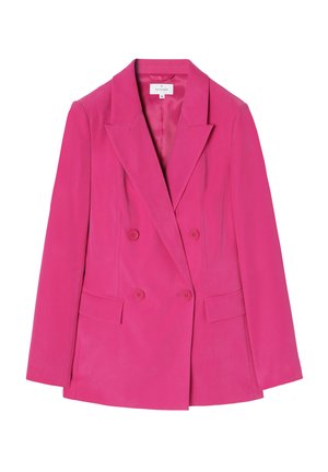 Double-breasted pink blazer with notched lapels, two front pockets, and matching buttons. Made from smooth fabric with a tailored fit.