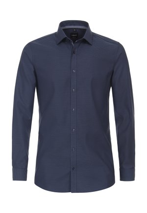 Marineblaue Langarmbluse mit strukturiertem Muster, spitzem Kragen und Knopfleiste. Verfügt über passende Knöpfe und einen abgerundeten Saum.