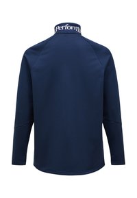 Marineblauwe trui met een hoge kraag. Bevat witte "Performance" tekst bij de kraag. Soepele, atletische stof; lange raglanmouwen.
