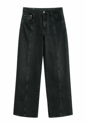 Pantaloni in denim neri a gamba larga con una texture liscia, dotati di due tasche frontali, chiusura con bottone e dettagli di cucitura verticale in contrasto.