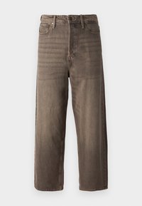 Brown wide-leg jeans made from denim. Features a zip fly, belt loops, and five pockets. The fabric shows a faded, textured appearance.