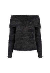Off-the-shoulder black faux fur sweater with long sleeves. Soft texture, fitted design, and cropped length. No visible fastenings or patterns.