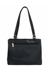 Zwarte lederen tote bag met twee lange hengsels, voorzak met rits, platte rechthoekige vorm, gladde textuur en accenten in goudkleurig metaal.