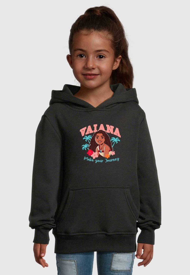 Dark gray hooded sweatshirt featuring a front graphic of a character with palm trees and text, "VAIANA Make your Journey." Soft fabric, relaxed fit.