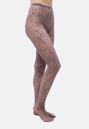 Legs wearing sheer floral lace patterned tights in muted mauve, standing barefoot against a plain background.