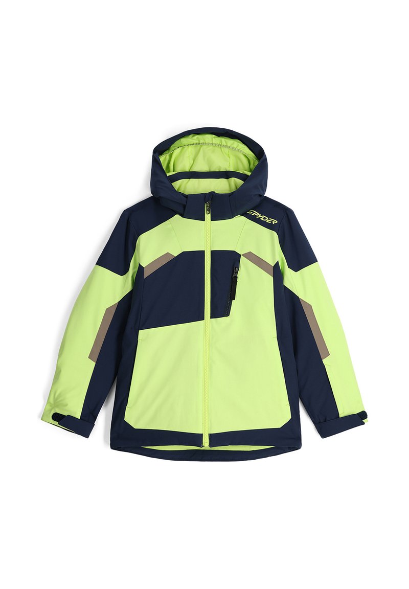 Windbreaker-Jacke mit Kapuze, in einem leuchtenden Limettengrün und dunkelblauen Design, mit Reißverschlusstasche und kontrastierenden braunen Akzenten.