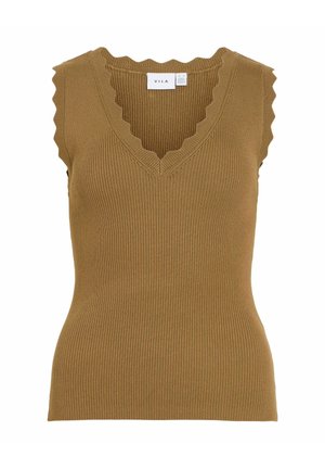Top sans manches en maille côtelée camel avec encolure en V festonnée et emmanchures à volants, marque VILA.