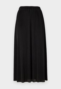 Jupe plissée noire avec une taille élastique, de conception longue jusqu'au sol, et en tissu doux et texturé. Aucun motif ni accent supplémentaire présent.