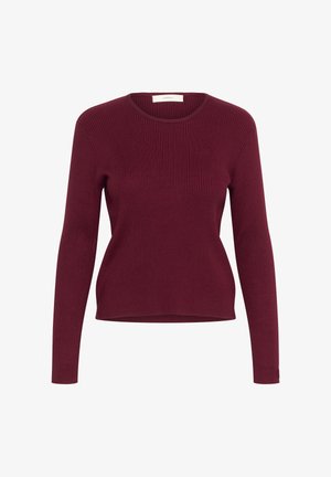 Bordo rebrasti pulover z okroglim izrezom, dolgimi rokavi in prilegajočim krojem. Gladka tekstura in ravna podlaga.
