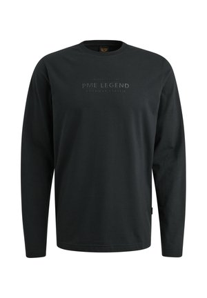 Chemise noire à manches longues en coton. Dotée d'un col rond et d'un texte en logo embossé au centre. Texture lisse, design épuré.