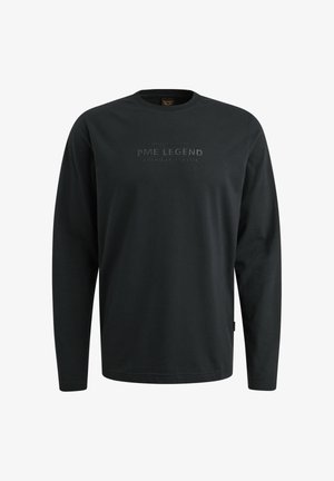 Zwarte lange mouwen shirt van katoen. Heeft een ronde hals en een geperste logo tekst in het midden. Soepele textuur, rechttoe rechtaan ontwerp.