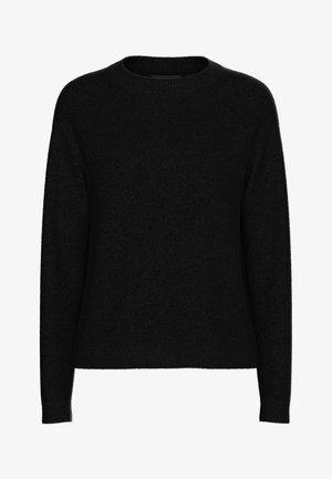 Black long-sleeve crewneck sweater with ribbed collar, cuffs, and hem, made of soft textured fabric.