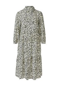 Abito con stampa leopardata in crema e nero, caratterizzato da un'apertura frontale con bottoni, colletto, maniche a tre quarti e orlo a balze. Tessuto morbido e fluido.