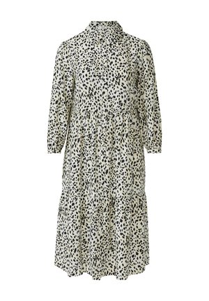 Robe imprimée léopard en crème et noir, avec un boutonnage sur le devant, un col, des manches trois-quarts et un ourlet en étages. Tissu doux et fluide.