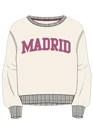 Sweat-shirt couleur crème avec un col rond, "MADRID" imprimé en bordeaux, et des poignets et ourlet rayés noir et blanc.
