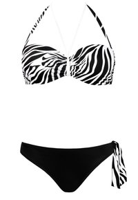 Czarnobiały biustonosz bikini w wzór zebry z marszczeniem na środku i ramiączkami na szyję, w połączeniu z jednolitym czarnym dołem z akcentem na boku w postaci wiązania.