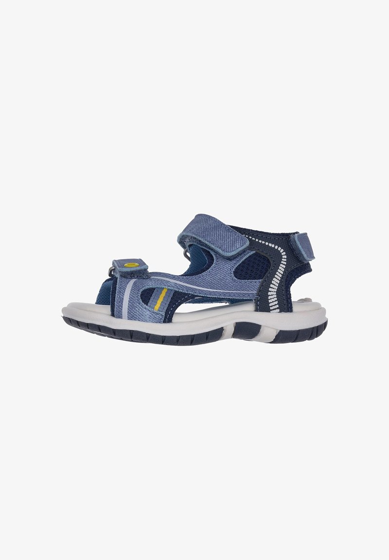 Sandales bleu marine en mesh et textile, avec des sangles Velcro ajustables et une semelle extérieure blanche à prise texturée.