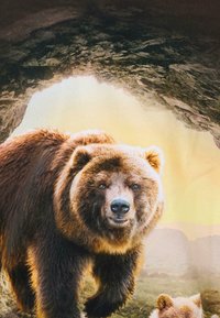 Dorosły niedźwiedź brunatny stoi przy wejściu do jaskini, obok którego częściowo widoczny jest niedźwiedźek, oświetlony miękkim, naturalnym światłem.