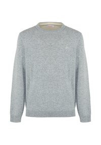 Maglione grigio chiaro lavorato a maglia con scollatura rotonda, maniche lunghe, polsini e fondo a coste, con un logo discreto sul petto.
