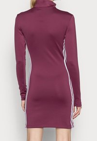 Abito lungo a maniche lunghe color bordeaux con collo alto, realizzato in tessuto liscio, con strisce bianche ai lati e silhouette aderente.