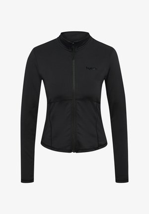 Zwarte lange mouwen nauwsluitende jas met rits aan de voorkant, opstaande kraag, duimgaten in de mouwen en klein "hummel"-logo op de linkerborst.